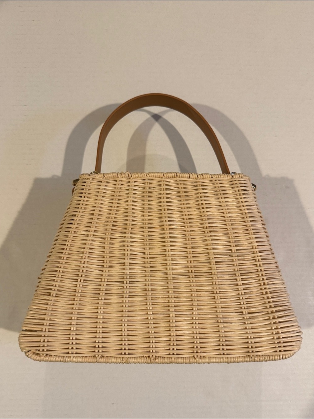 Woven Straw Handbag with Brown Leather Handles